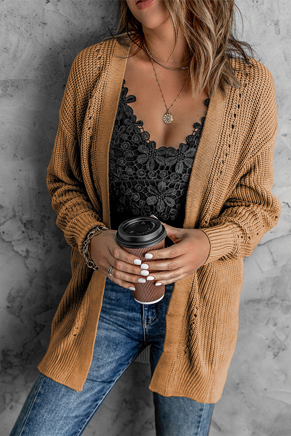 Openwork Rib-Knit Slit Cardigan - Aurelia Clothing