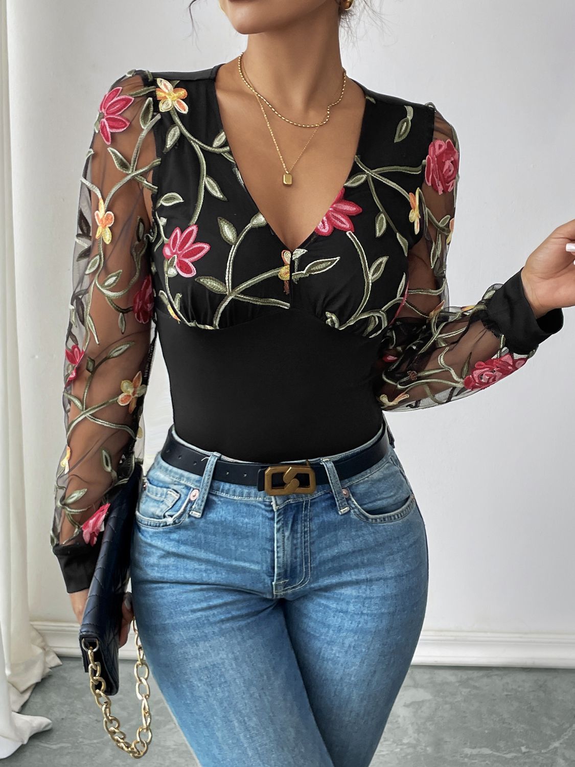 Perfee Embroidered V-Neck Long Sleeve Bodysuit - Aurelia Clothing