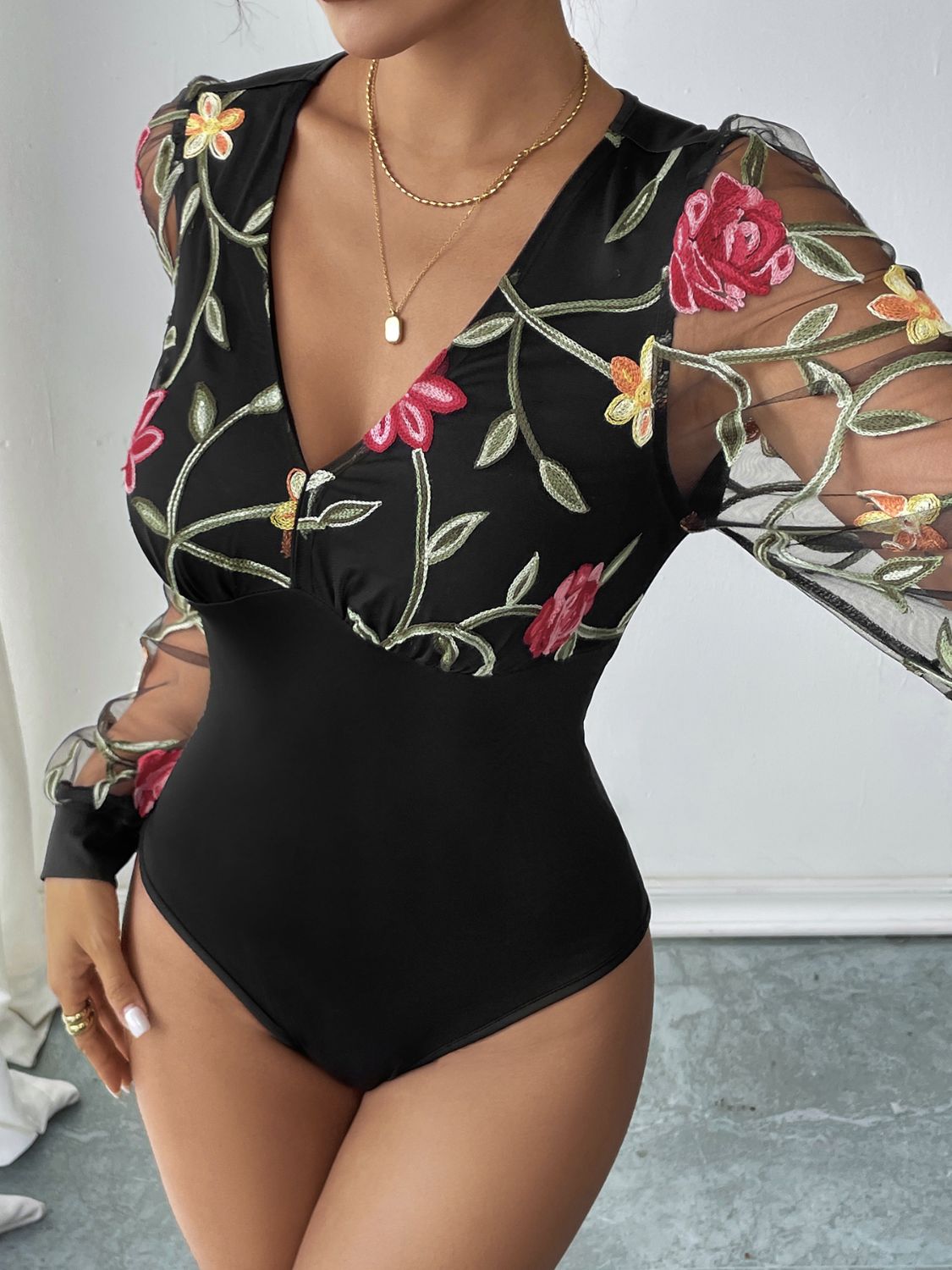 Perfee Embroidered V-Neck Long Sleeve Bodysuit - Aurelia Clothing