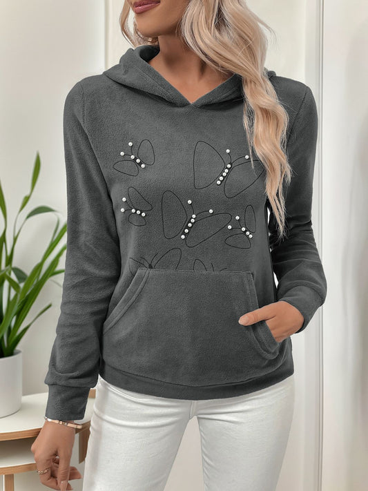 Perfee Pearl Butterfly Long Sleeve Hoodie - Aurelia Clothing