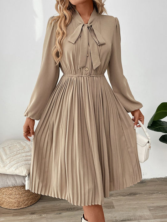 Perfee Pleated Tie Neck Long Sleeve Dress - Free Shipping - Aurelia Clothing