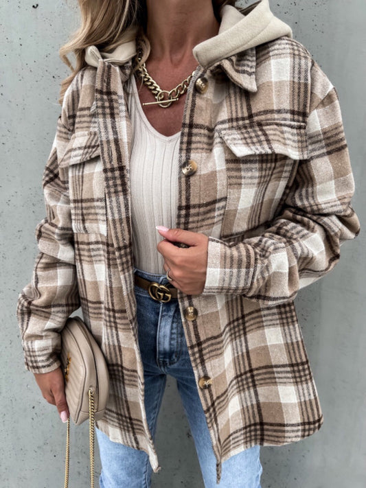 Plaid Button Up Jacket with Removable Hood - Aurelia Clothing