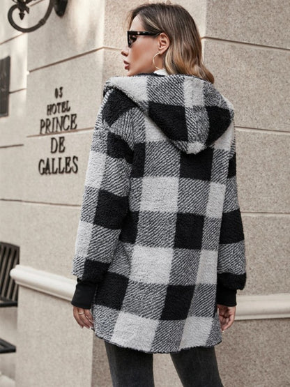 Plaid Long Sleeve Hooded Coat - Aurelia Clothing