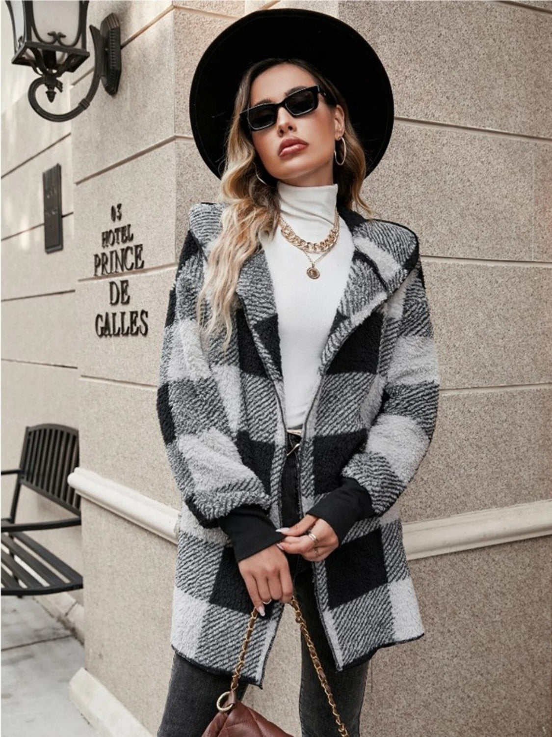 Plaid Long Sleeve Hooded Coat - Aurelia Clothing