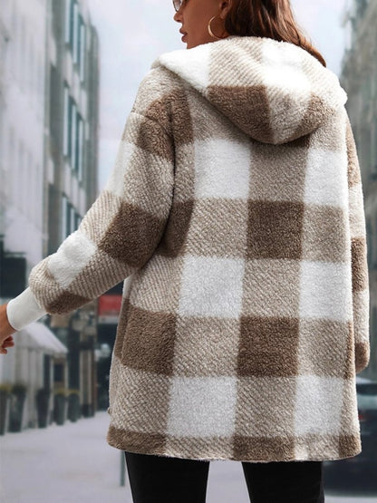 Plaid Long Sleeve Hooded Coat - Aurelia Clothing