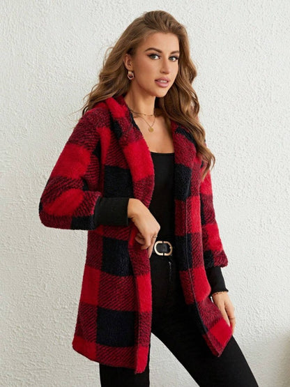 Plaid Long Sleeve Hooded Coat - Aurelia Clothing