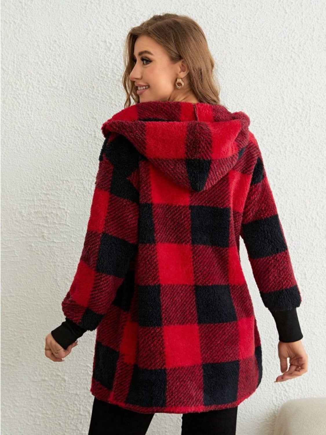 Plaid Long Sleeve Hooded Coat - Aurelia Clothing