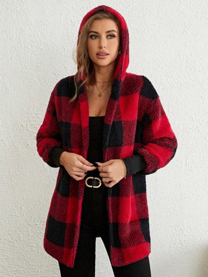 Plaid Long Sleeve Hooded Coat - Aurelia Clothing