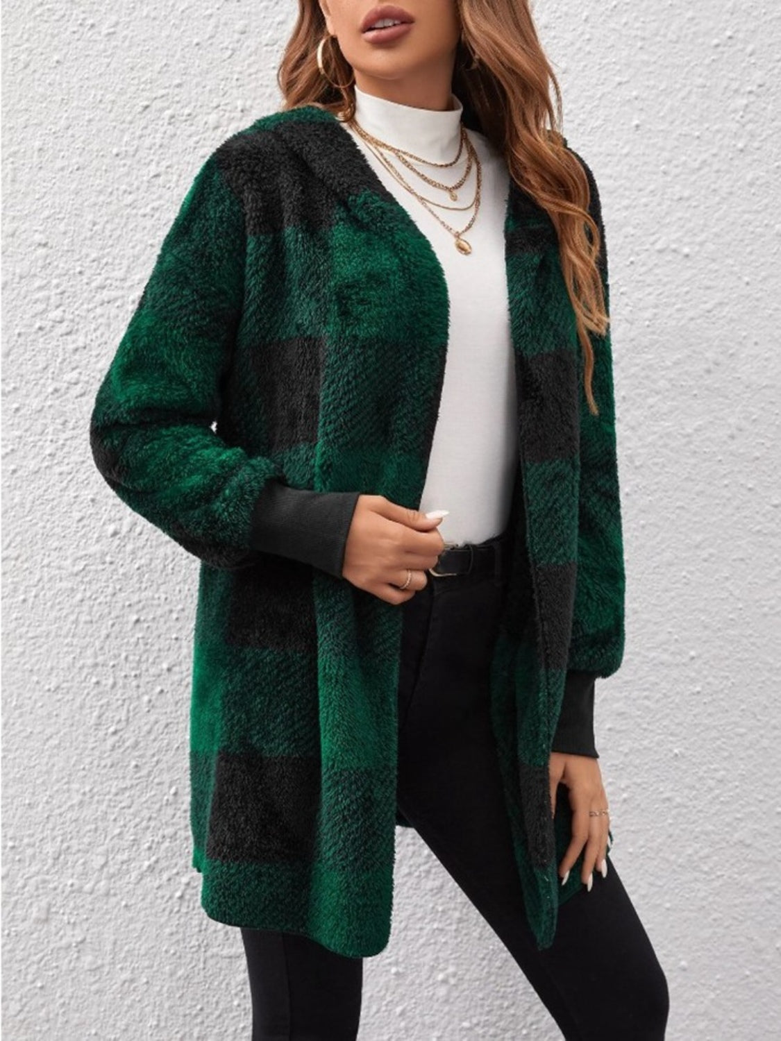 Plaid Long Sleeve Hooded Coat - Aurelia Clothing