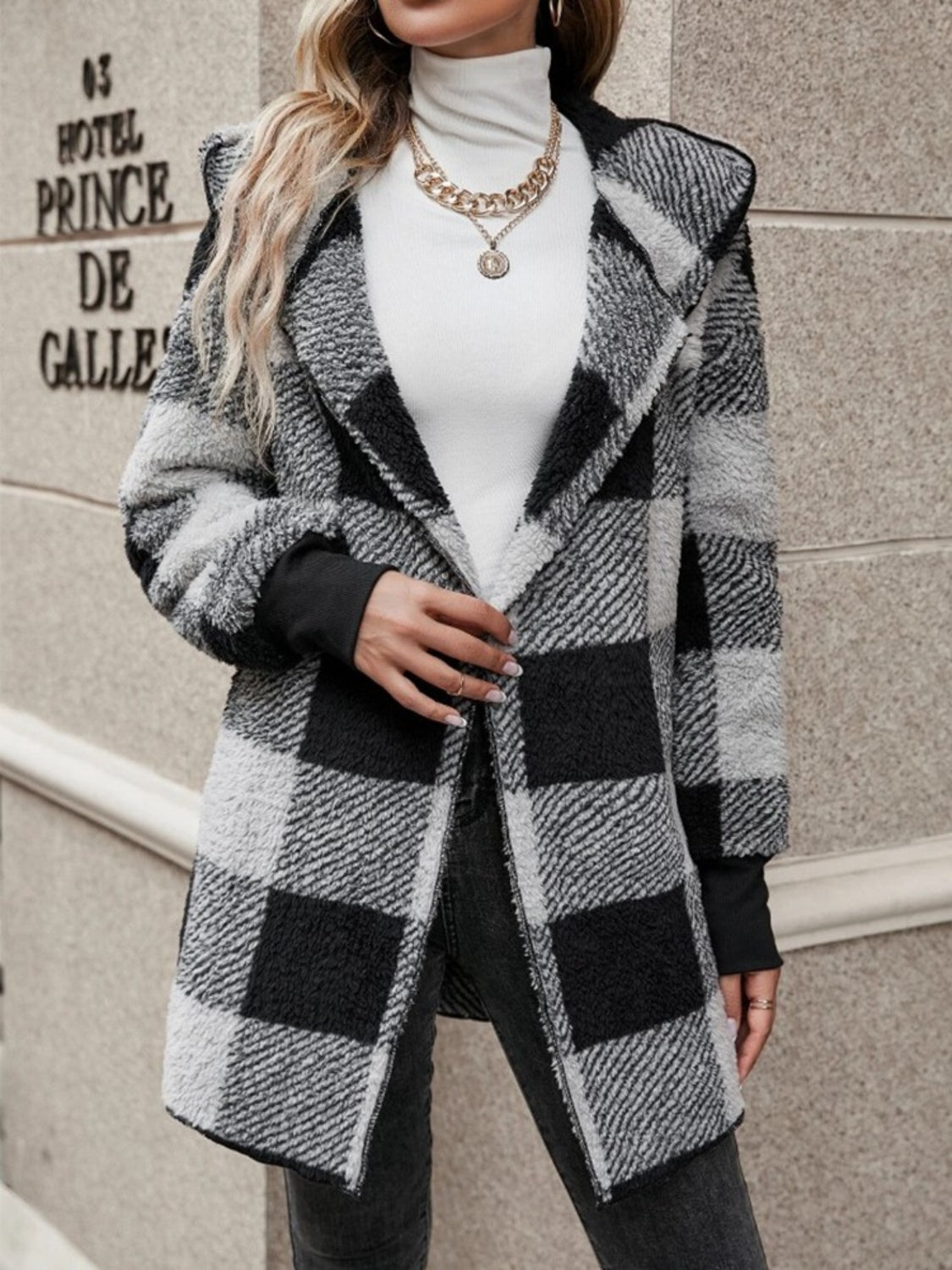 Plaid Long Sleeve Hooded Coat - Aurelia Clothing