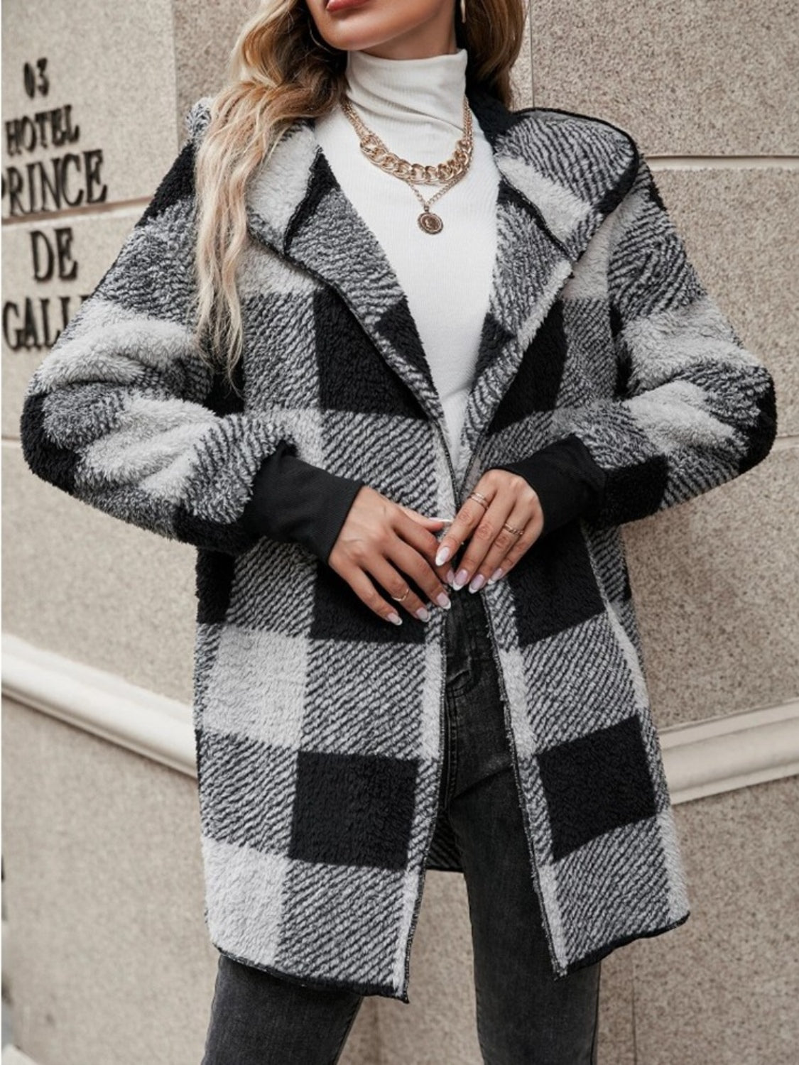 Plaid Long Sleeve Hooded Coat - Aurelia Clothing