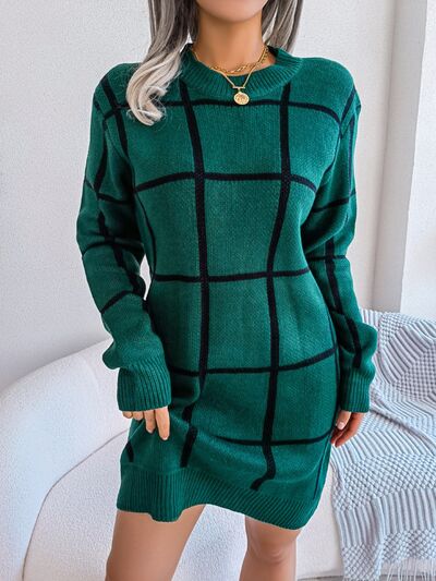 Plaid Round Neck Dropped Shoulder Sweater Dress - Aurelia Clothing