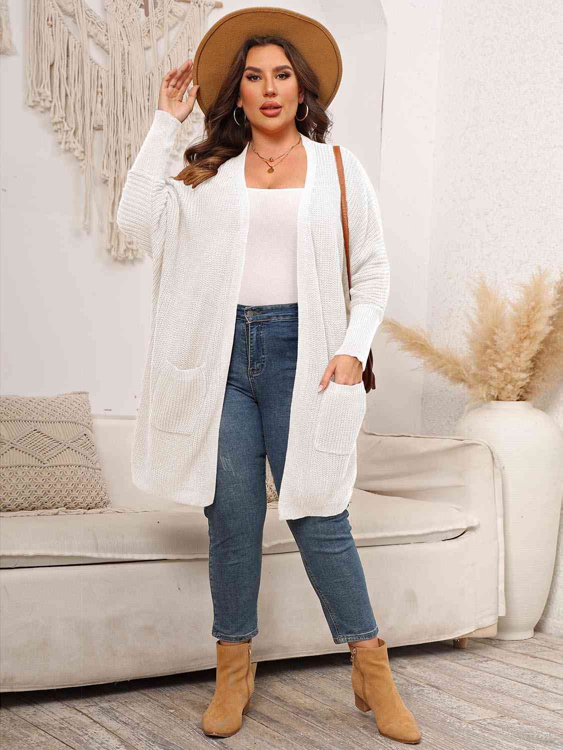 Plus Size Open Front Cardigan With Pockets - Aurelia Clothing