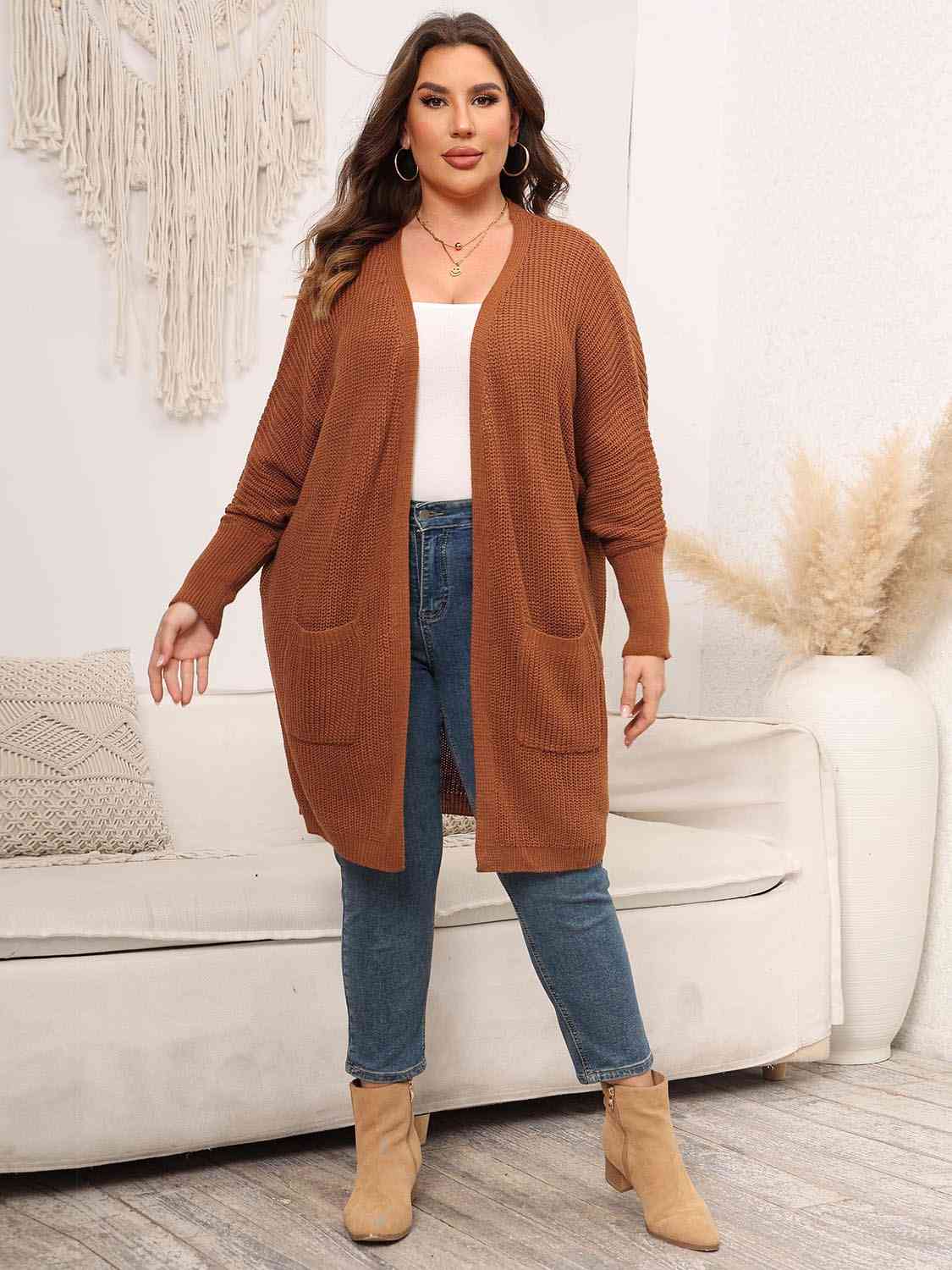 Plus Size Open Front Cardigan With Pockets - Aurelia Clothing