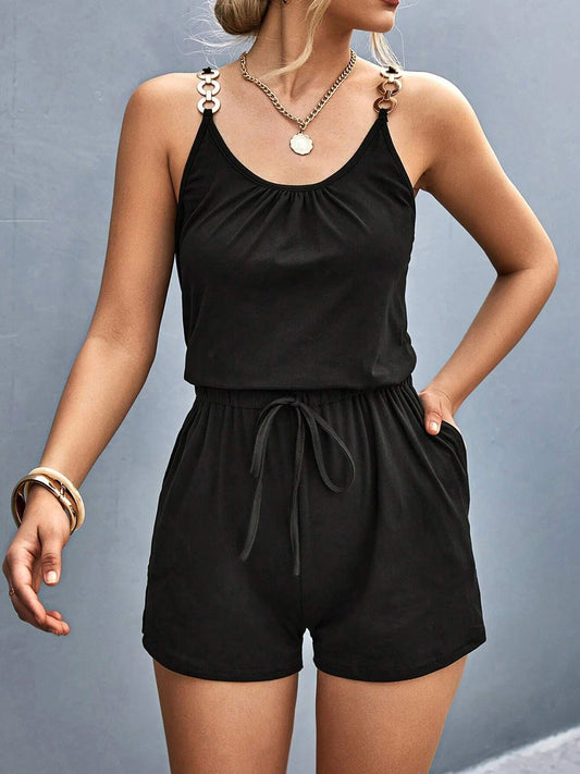 Pocketed Buckle Trim Scoop Neck Romper - Aurelia Clothing