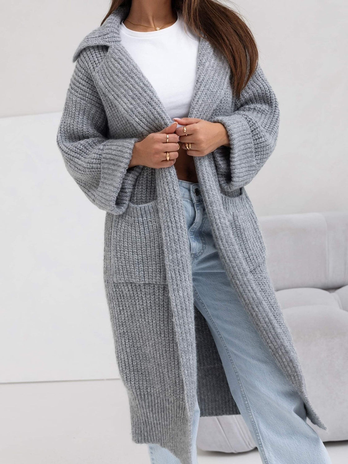 Pocketed Collared Neck Dropped Shoulder Cardigan - Aurelia Clothing