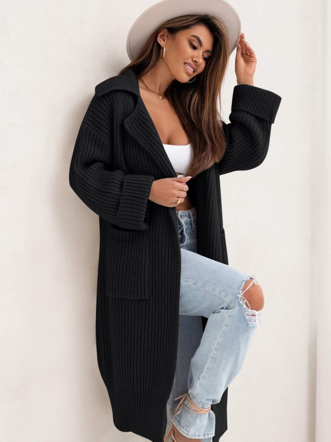 Pocketed Collared Neck Dropped Shoulder Cardigan - Aurelia Clothing