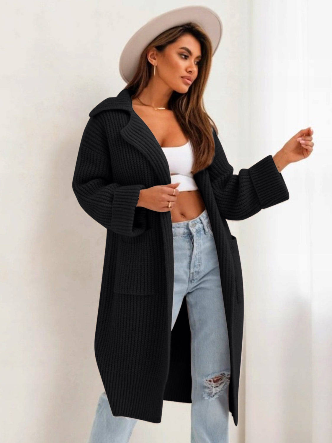 Pocketed Collared Neck Dropped Shoulder Cardigan - Aurelia Clothing