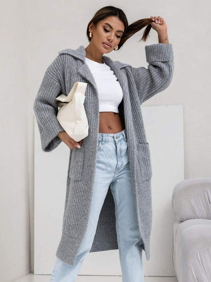 Pocketed Collared Neck Dropped Shoulder Cardigan - Aurelia Clothing