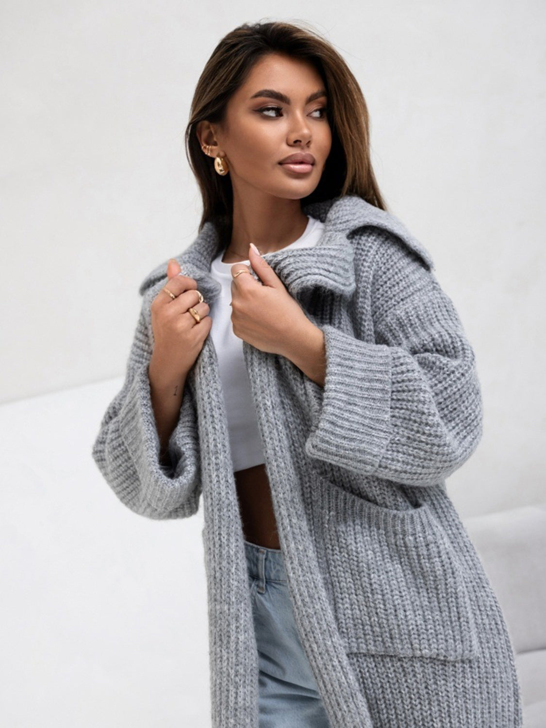 Pocketed Collared Neck Dropped Shoulder Cardigan - Aurelia Clothing