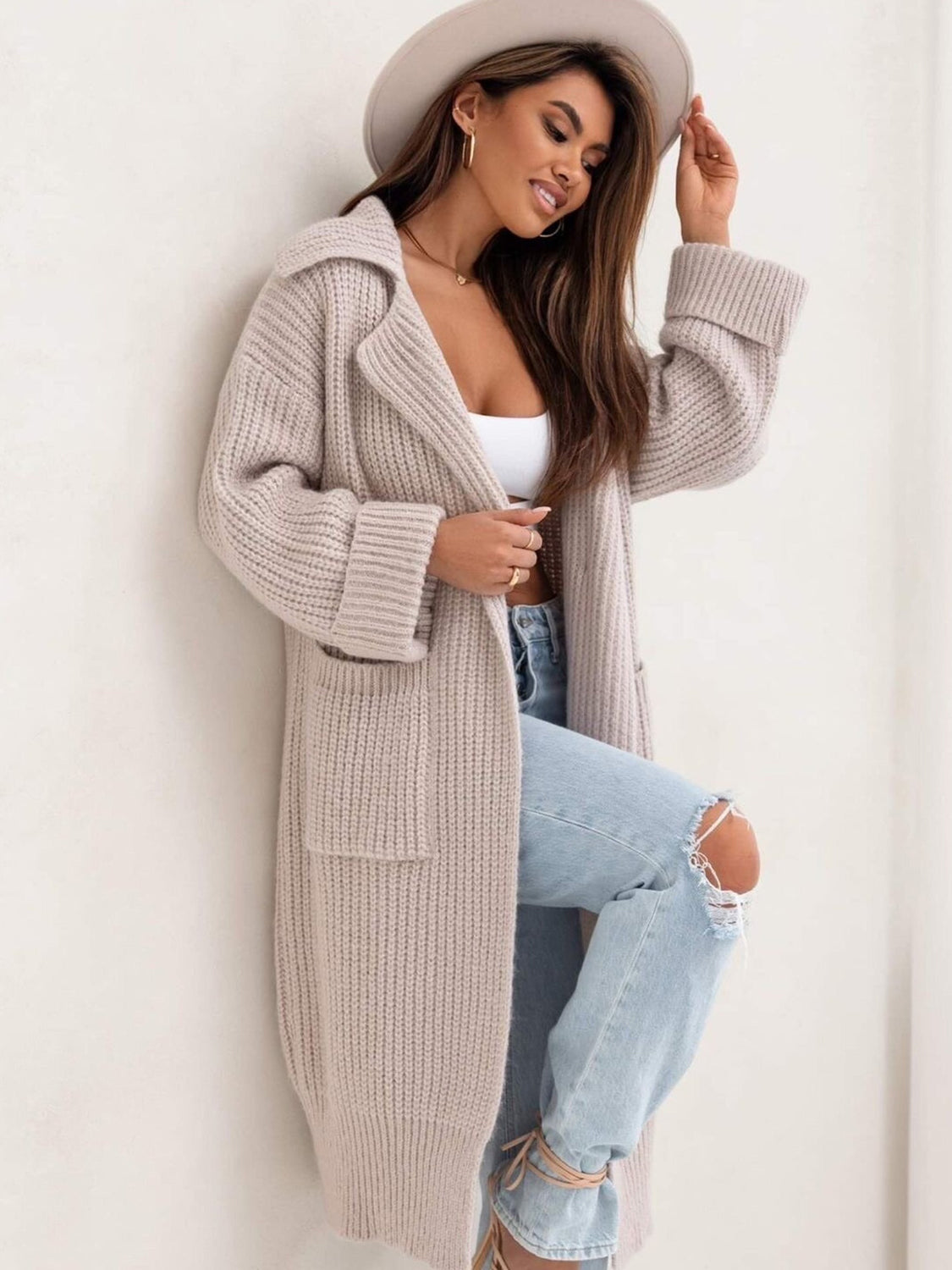 Pocketed Collared Neck Dropped Shoulder Cardigan - Aurelia Clothing