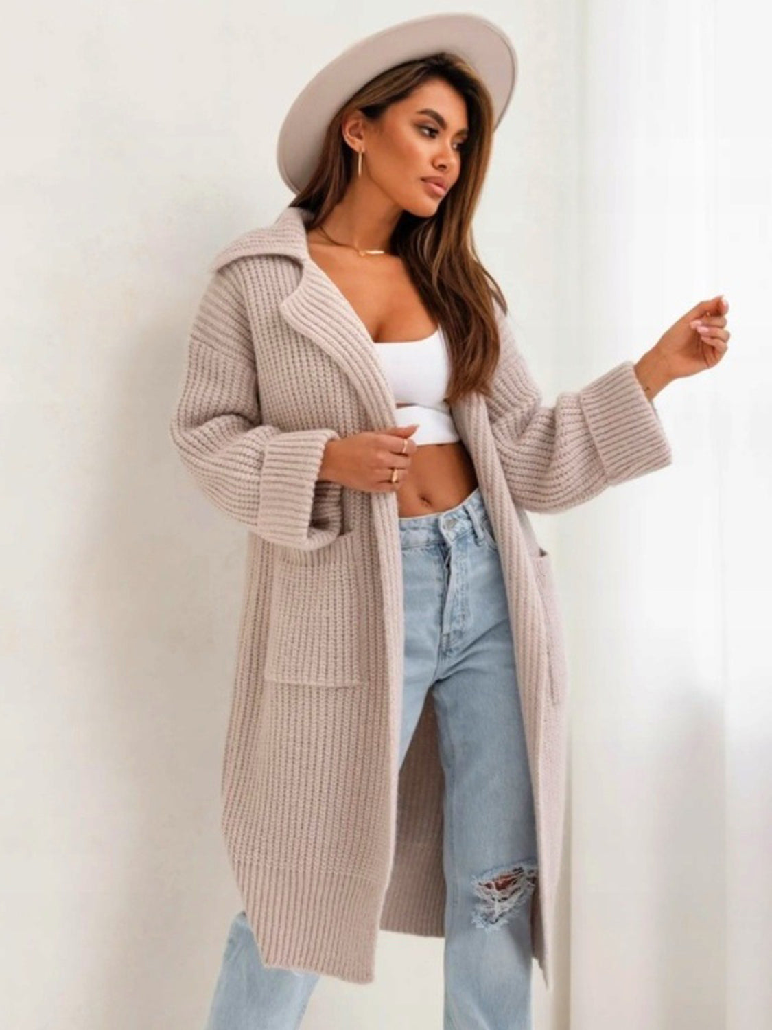 Pocketed Collared Neck Dropped Shoulder Cardigan - Aurelia Clothing