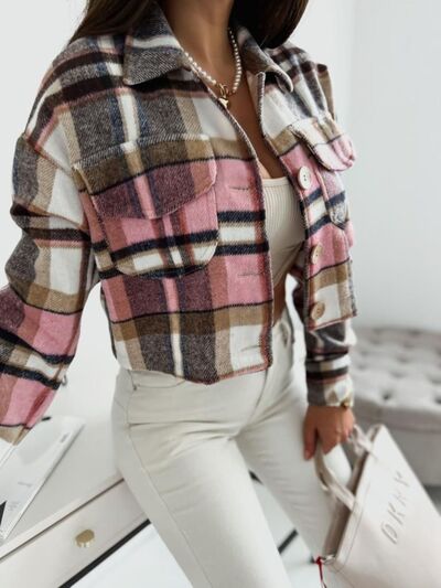 Pocketed Collared Neck Long Sleeve Plaid Jacket - Aurelia Clothing