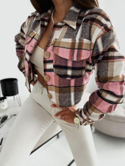 Pocketed Collared Neck Long Sleeve Plaid Jacket - Aurelia Clothing