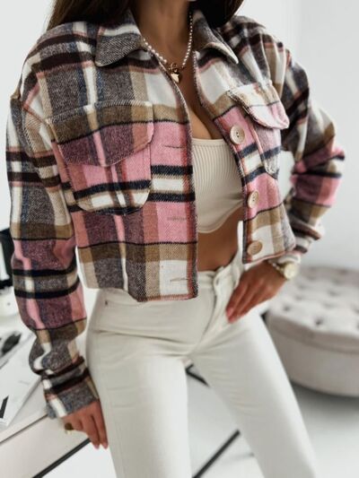 Pocketed Collared Neck Long Sleeve Plaid Jacket - Aurelia Clothing