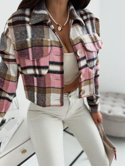 Pocketed Collared Neck Long Sleeve Plaid Jacket - Aurelia Clothing