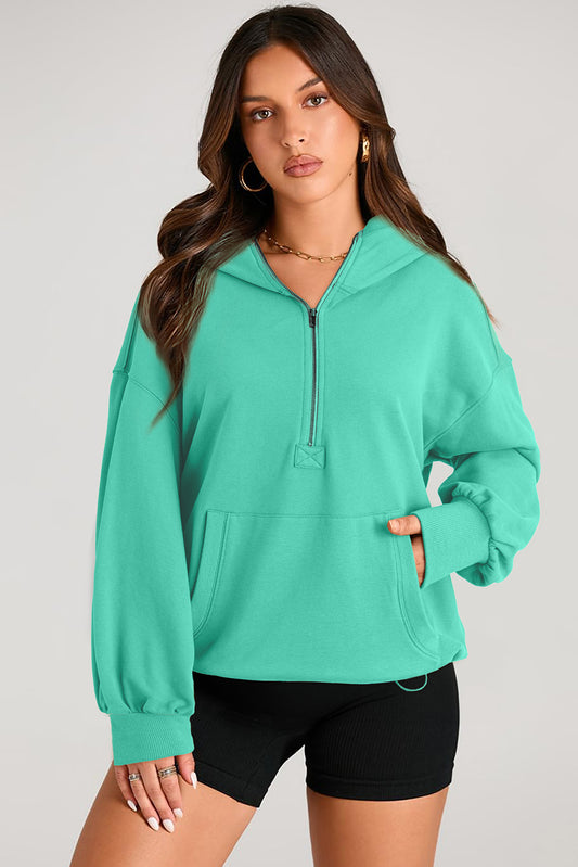 Pocketed Half Zip Long Sleeve Hoodie - Aurelia Clothing