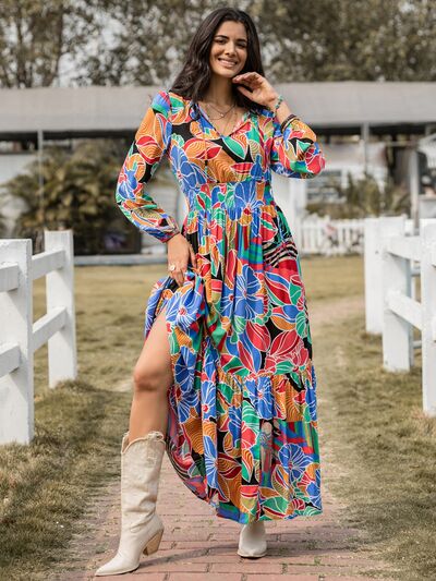 Printed Smocked Tie Neck Balloon Sleeve Maxi Dress - Aurelia Clothing