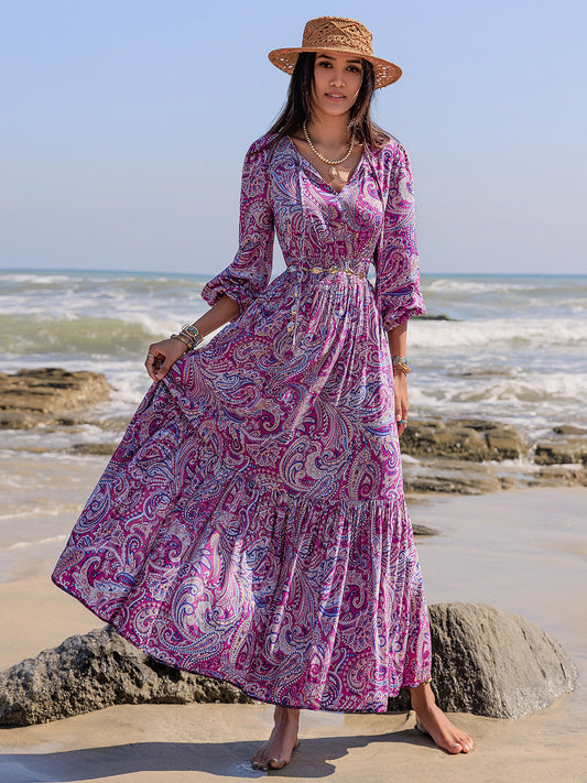 Printed Tie Neck Balloon Sleeve Maxi Dress - Free Shipping - Aurelia Clothing