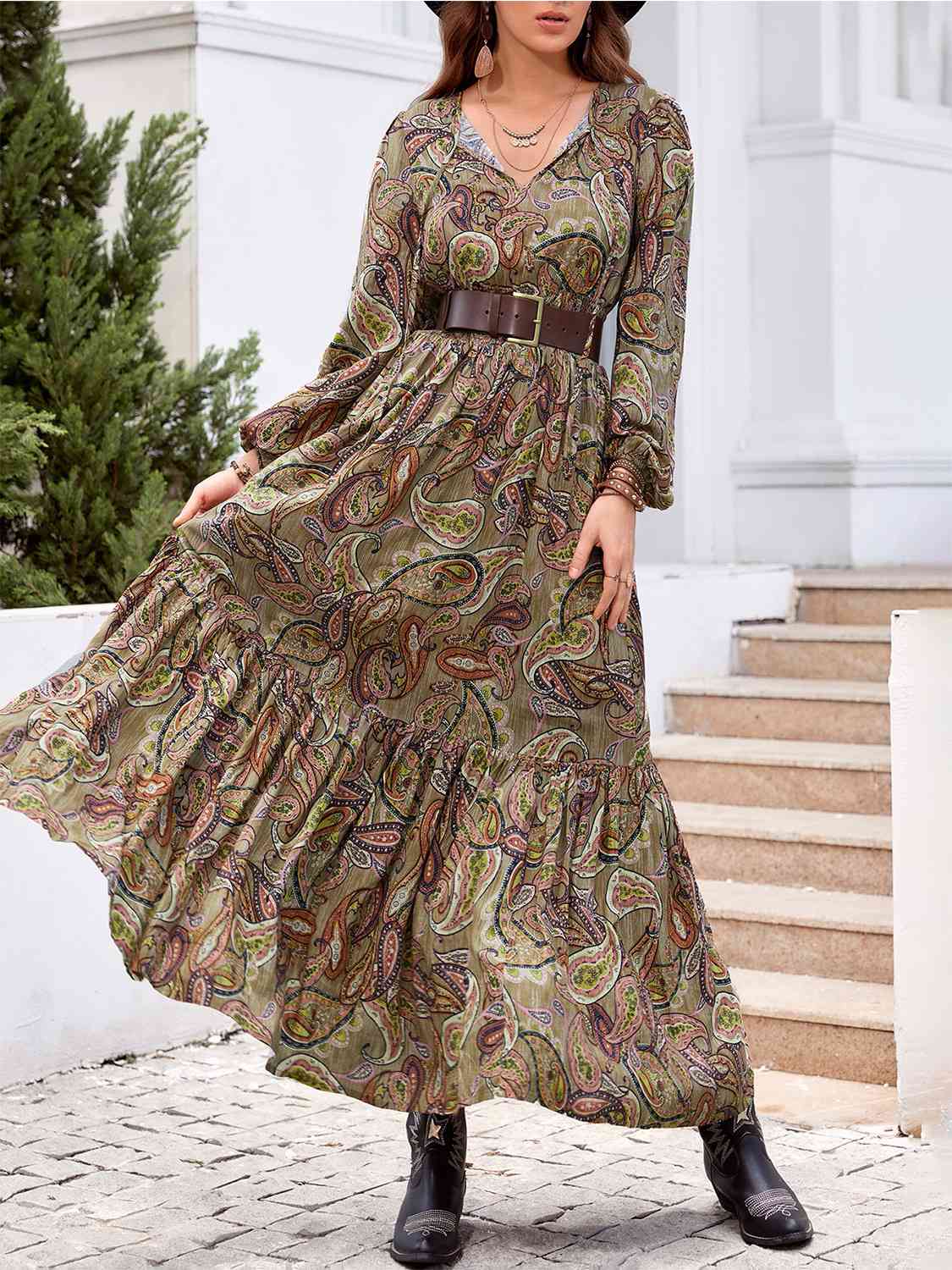 Printed Tie Neck Ruffle Hem Long Sleeve Dress - Aurelia Clothing