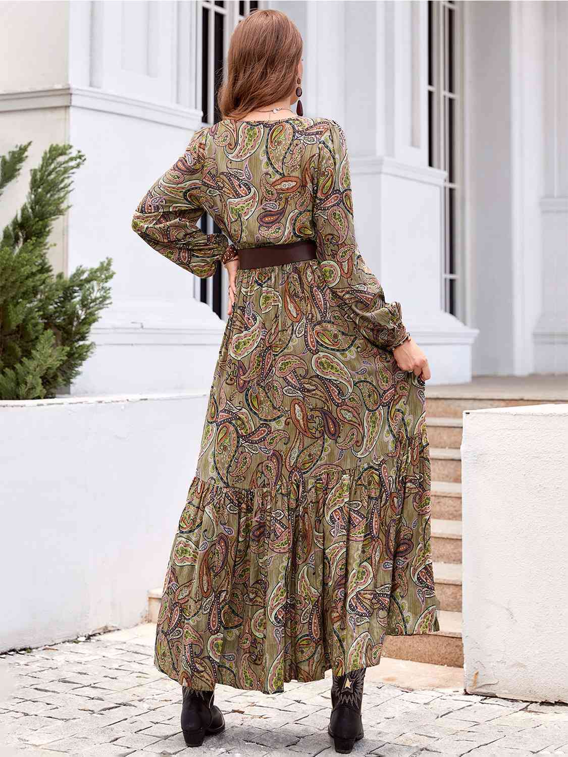 Printed Tie Neck Ruffle Hem Long Sleeve Dress - Aurelia Clothing