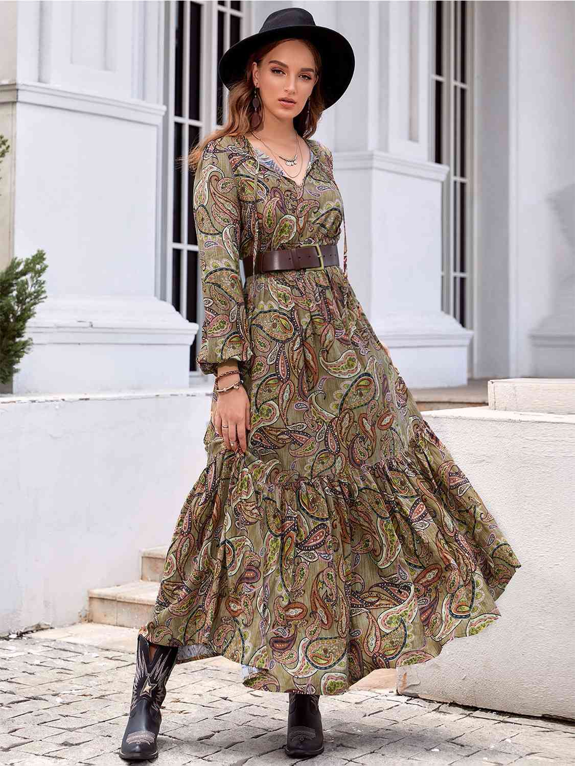 Printed Tie Neck Ruffle Hem Long Sleeve Dress - Aurelia Clothing