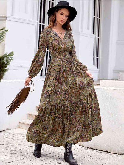 Printed Tie Neck Ruffle Hem Long Sleeve Dress - Aurelia Clothing