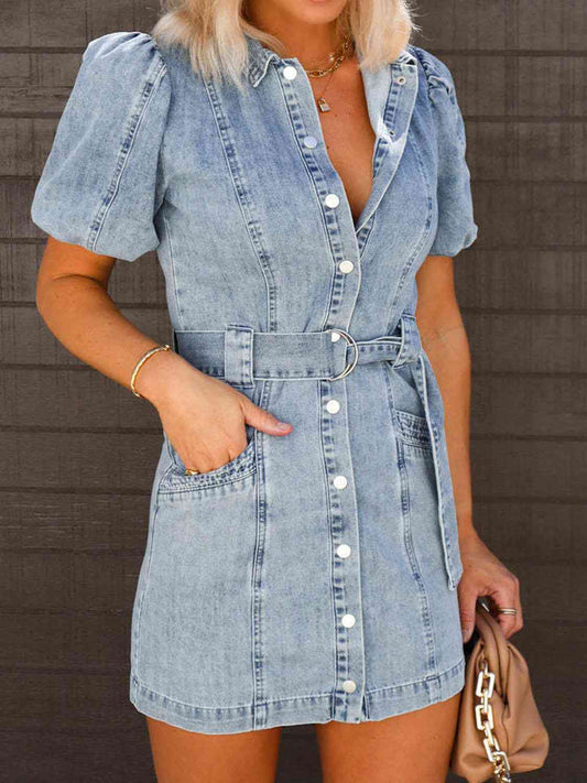 Puff Sleeve Button Up Mini Denim Dress - Aurelia Clothing