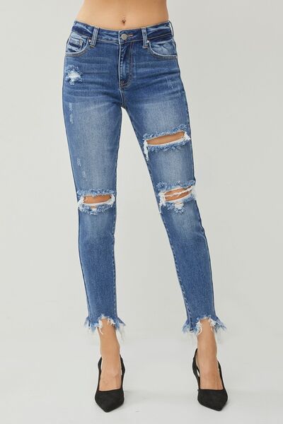 RISEN Distressed Frayed Hem Slim Jeans - Aurelia Clothing