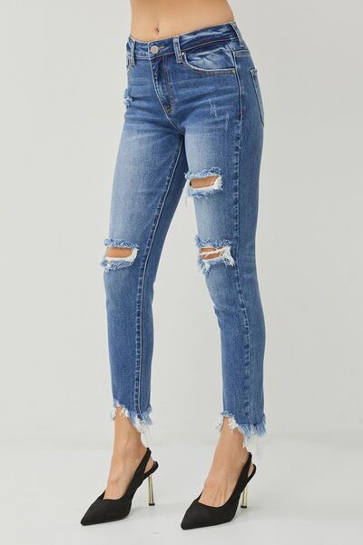 RISEN Distressed Frayed Hem Slim Jeans - Aurelia Clothing