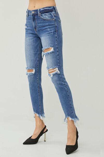 RISEN Distressed Frayed Hem Slim Jeans - Aurelia Clothing