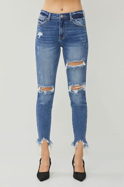 RISEN Distressed Frayed Hem Slim Jeans - Aurelia Clothing