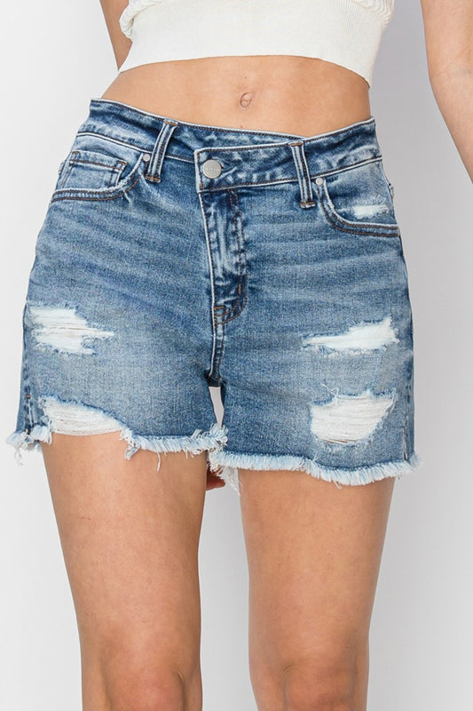 RISEN Stepped Waist Frayed Denim Shorts - Aurelia Clothing