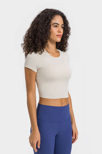 Round Neck Short Sleeve Cropped Sports T-Shirt - Aurelia Clothing