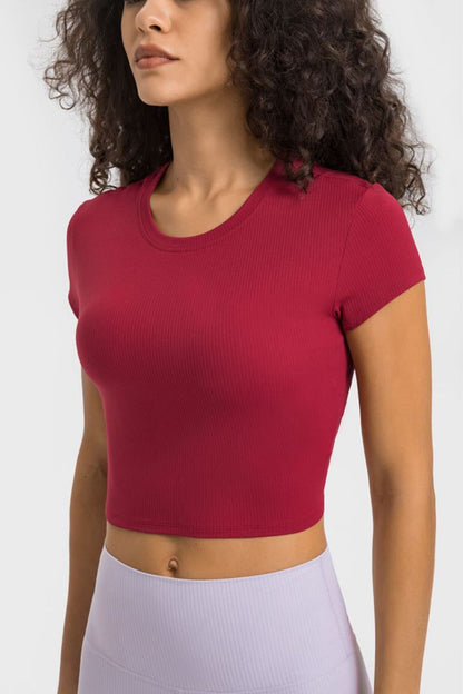 Round Neck Short Sleeve Cropped Sports T-Shirt - Aurelia Clothing