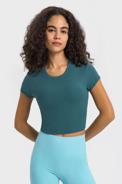 Round Neck Short Sleeve Cropped Sports T-Shirt - Aurelia Clothing