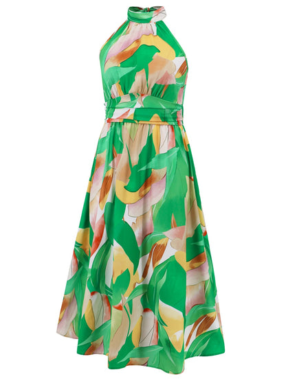 Ruched Printed Halter Neck Sleeveless Dress - Aurelia Clothing