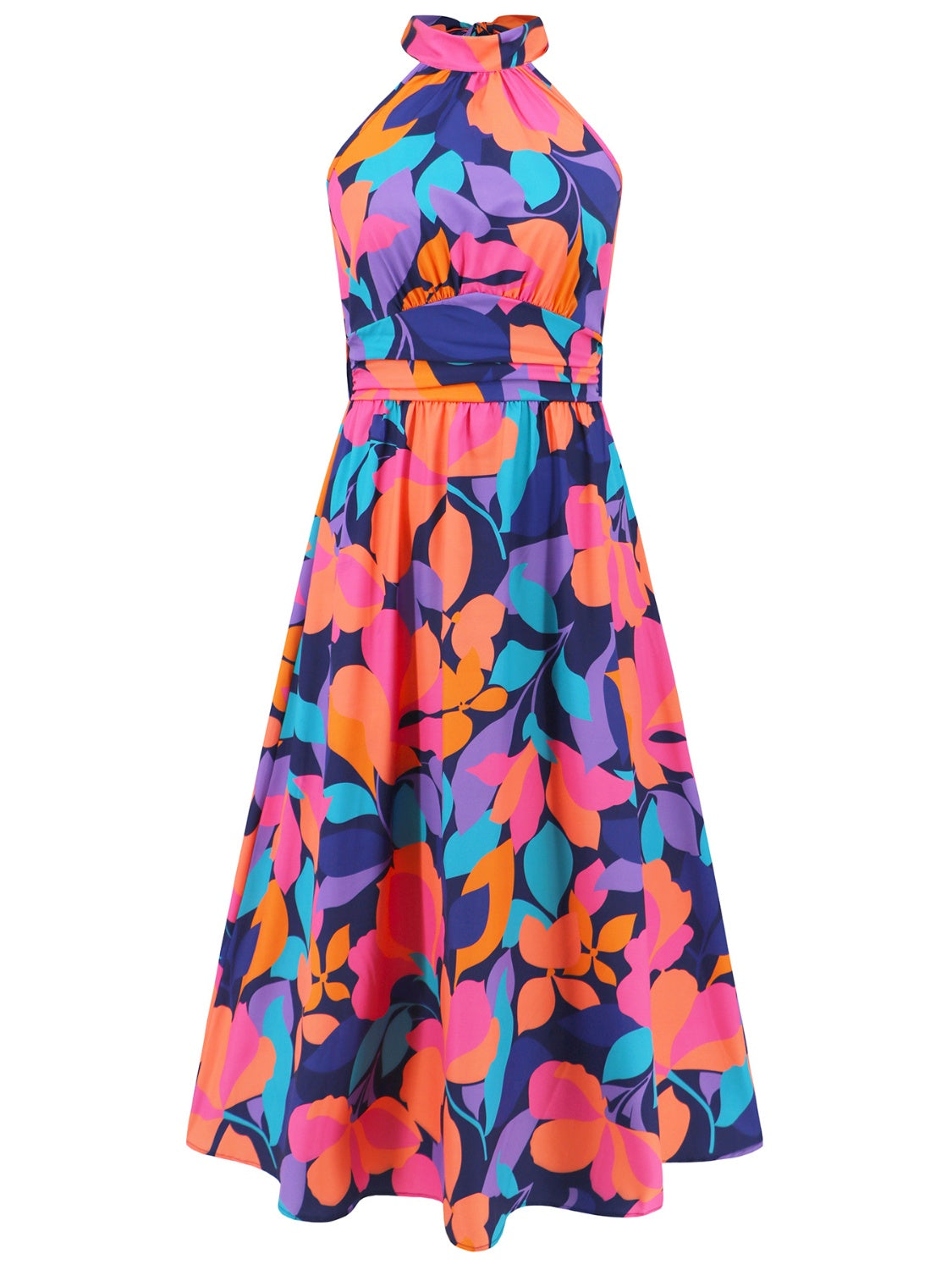 Ruched Printed Halter Neck Sleeveless Dress - Aurelia Clothing