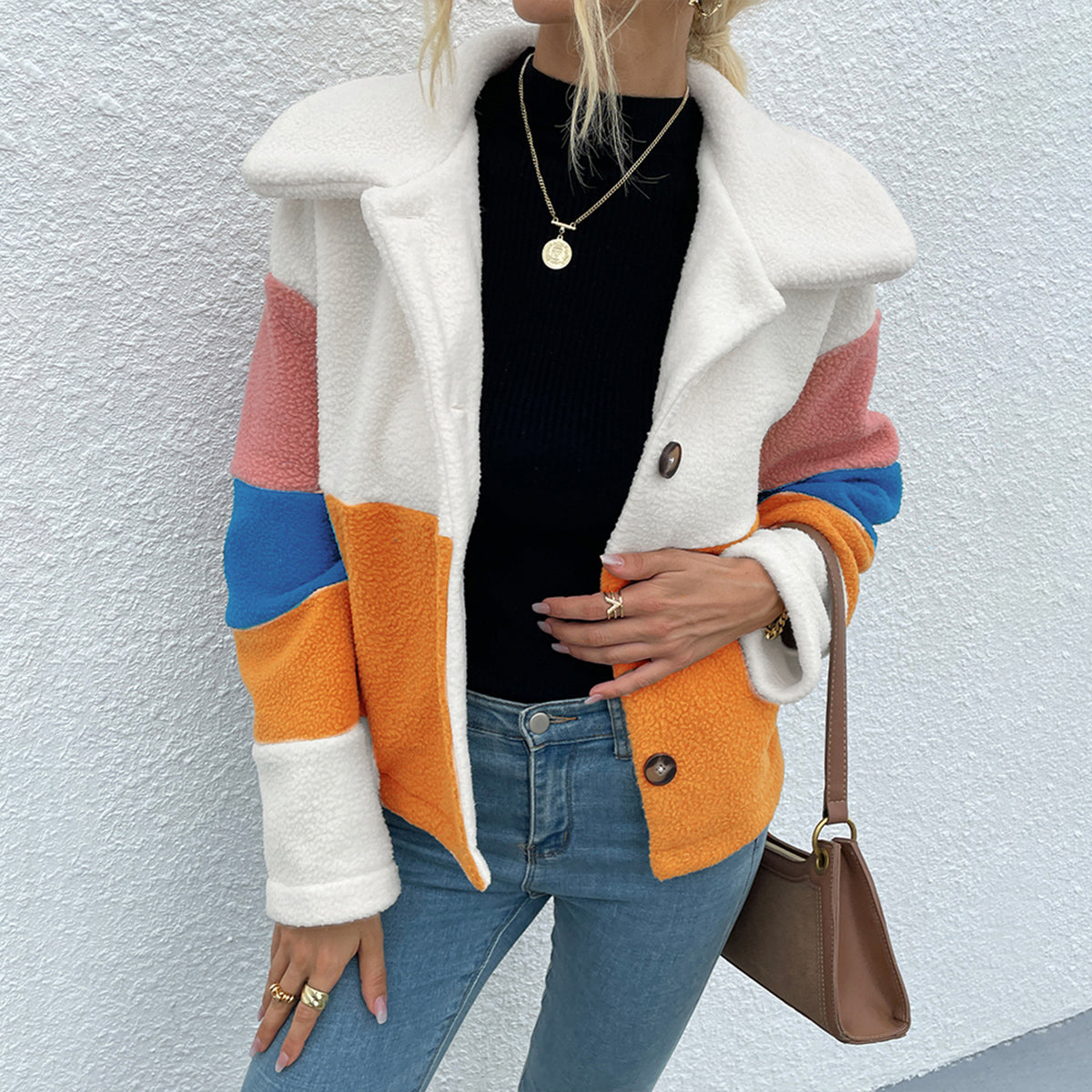 Shiny Color Block Button Down Collared Jacket - Aurelia Clothing