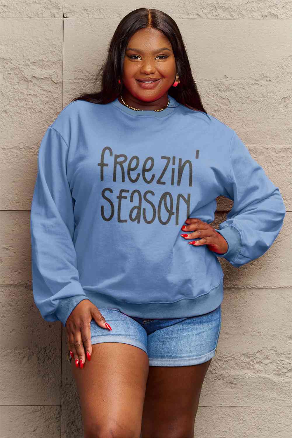 Simply Love Full Size FREEZIN' SEASON Graphic Sweatshirt - Aurelia Clothing